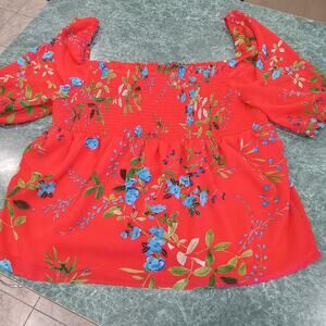 Calvin Klein Women XL Summer Smocked Top Red Floral Square Neck Chiffon Sleeve